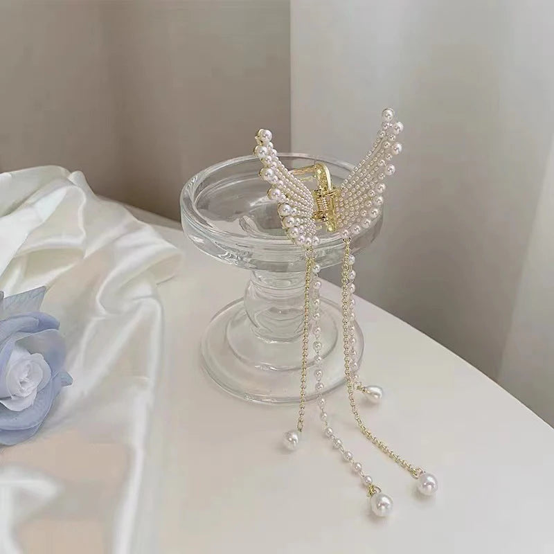 Super Fairy Butterfly Tassel Grab with Diamond Pearl Angel Wings Back Head Hair Grab Female Summer Half Tie Hair Artifact