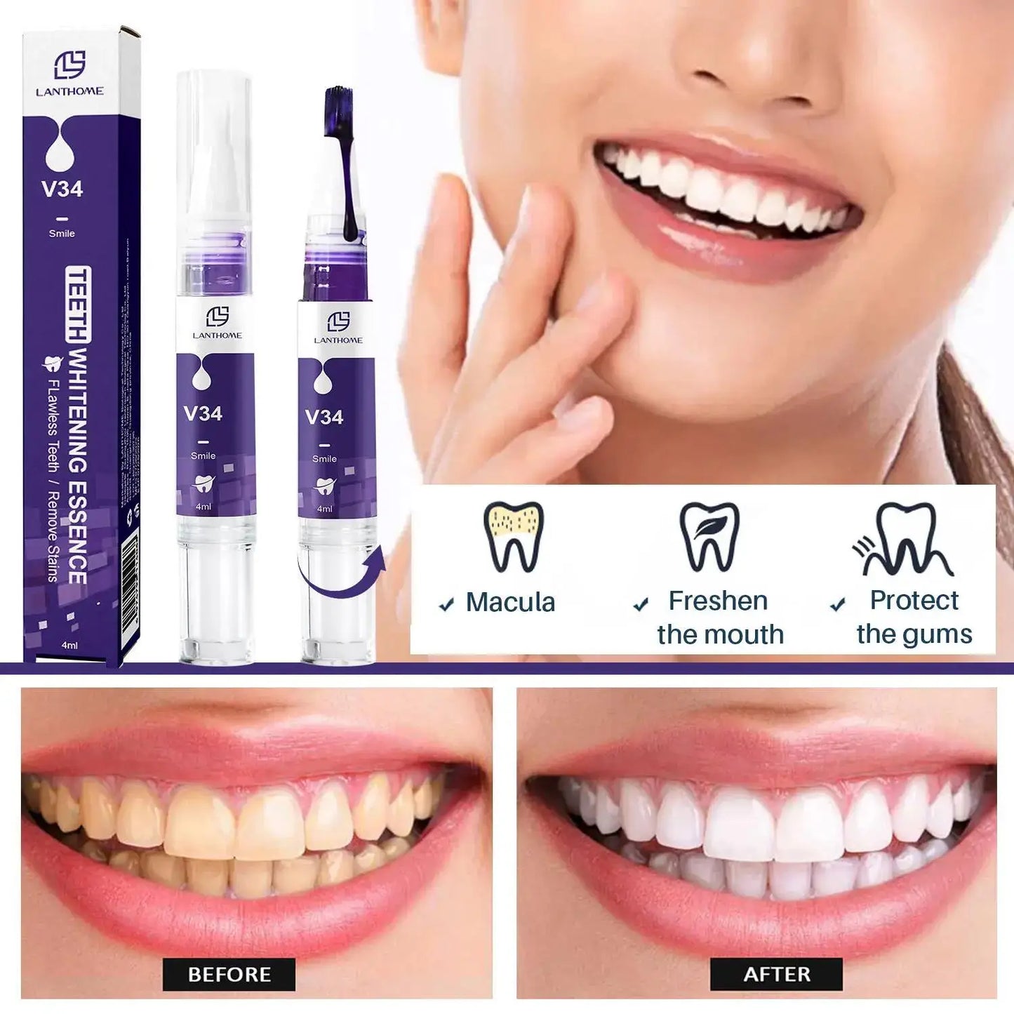V34 Purple Teeth Whitening Toothpaste Remove Plaque Stains Cleaning Oral Hygiene Dental Bleach Tools Fresh Breath Beauty Health