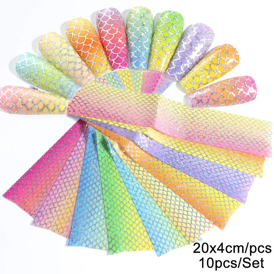 10Pcs Hologram Transfer Foil Nails Laser Stars Holographic Nail Stickers Mermaid Tail Sliders Metallic Gel Polish Wraps NLXKY01