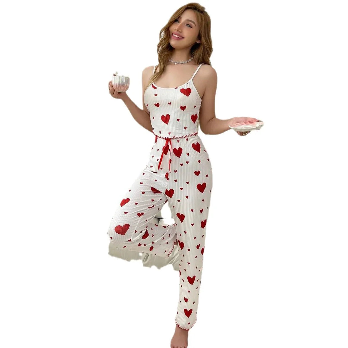 Women Pajamas Plus Size Pajamas Set 2 Piece Short Vest + Trouser White Breathable Soft Casual Love Print Viralgem Store