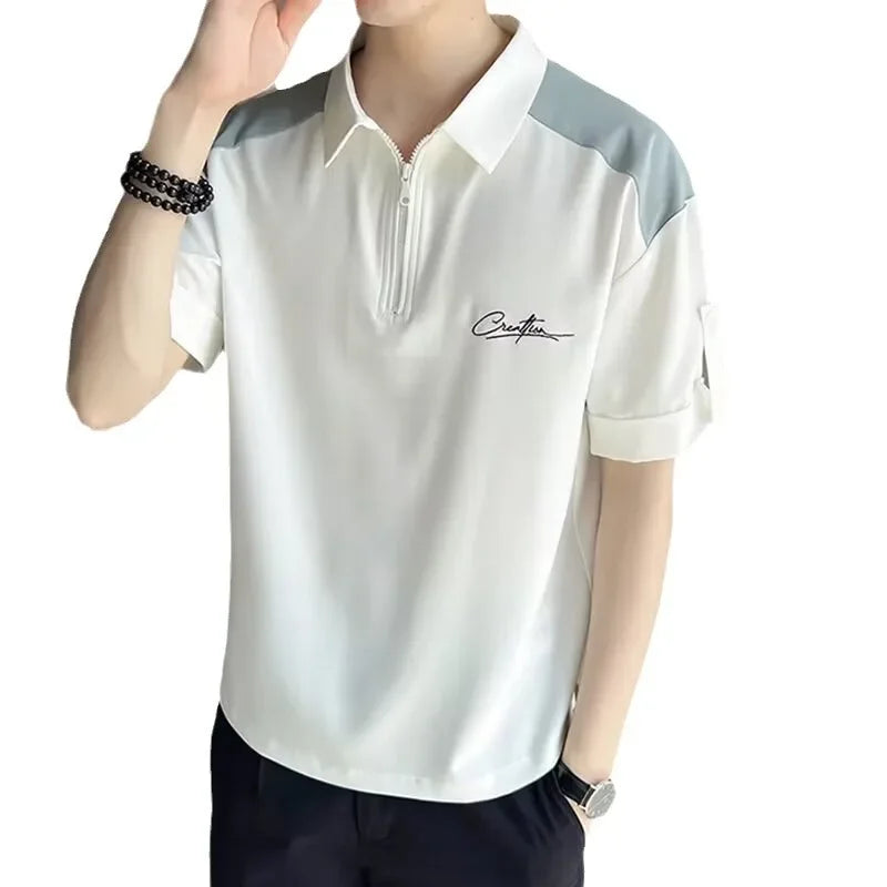 2024 New Versatile Men's Polo Shirt Trendy Brand Summer T-shirt Loose Fit Slimming Effect Korean Style Casual Top Lapel Sleeves
