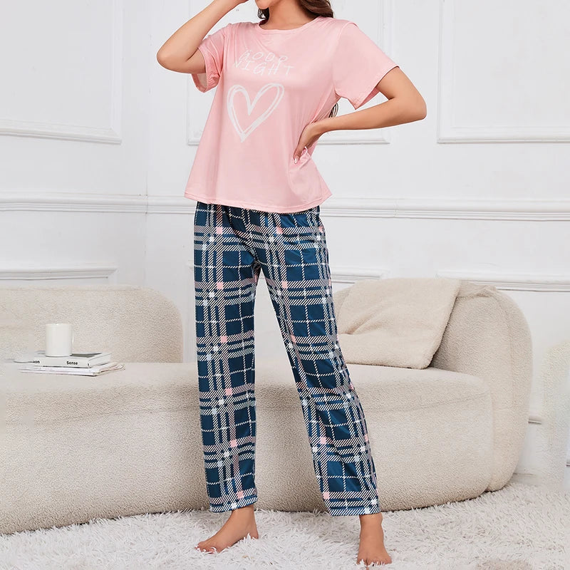 3-Piece Women's Checkered Printing Pajamas Set Soft & Comfy Crew Neck Tee Elastic Shorts & Lounge Pants Sleepwear Home Clothing
