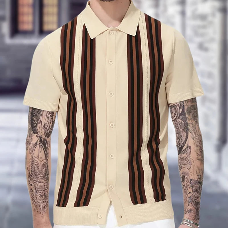 Summer Men's Luxury Knitted Striped Shirt Fashion Short Sleeve Button-down Shirts for Men Vintage Business Leisure Knitwear Viralgem Store