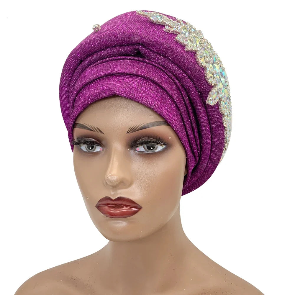 African Wrap Head Headgear Nigeria Auto Gele Headtie Turbante Mujer Luxury Rhinestone Turban Hat for Women Glitter