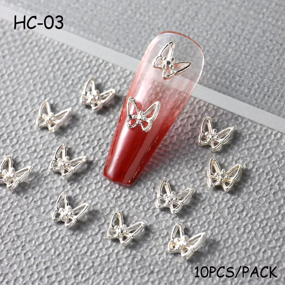 10pcs/pack Butterfly Shaped Nail Charms 3D Gold Silver Butterflies Rhinestone Zircon Jewelry DIY Nail Art Decoration Accessories