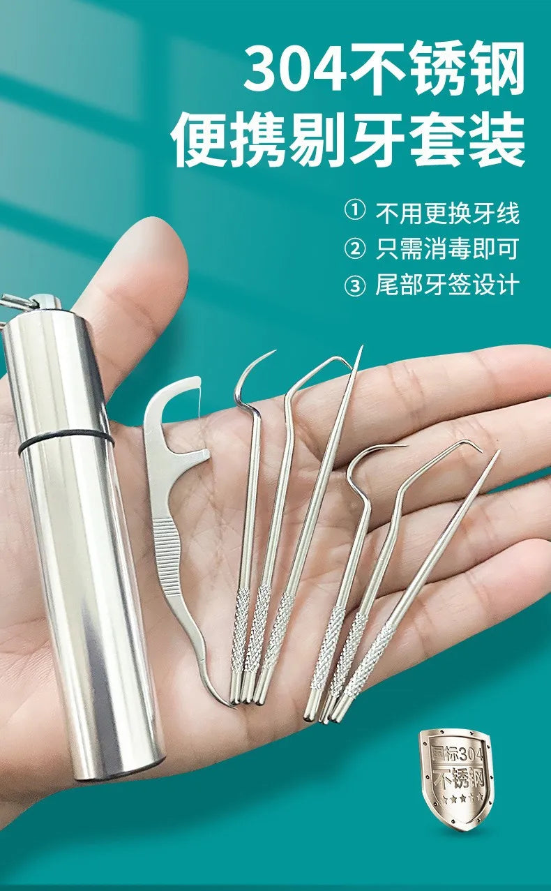1Set Toothpick Set Metal Stainless Steel Oral Cleaning Tooth Flossing Portable Toothpick Floss Teeth Cleaner with Storage Tube