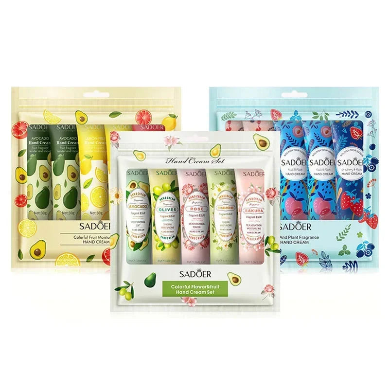 5Pcs/set SADOER Fruit Plant Fragrance Hand Cream Sets Moisturizing Repair Anti Dry Hand Lotion Sets Hands Skin Care Products Viralgem Store