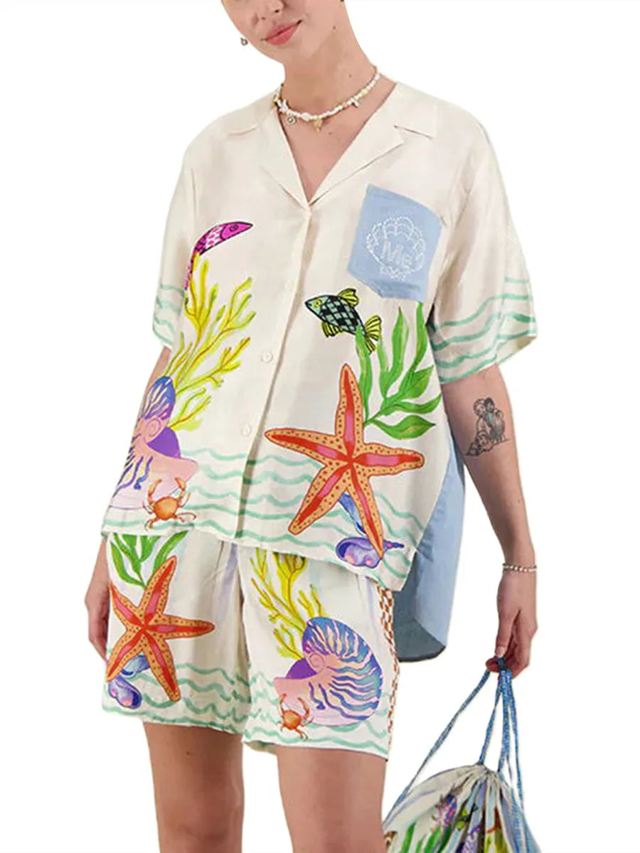 Women 2 Piece Shorts Outfits Ocean Print Button Short Sleeve Lapel T-Shirt and Elastic Shorts Club Streetwear Clothes Pjs Lounge