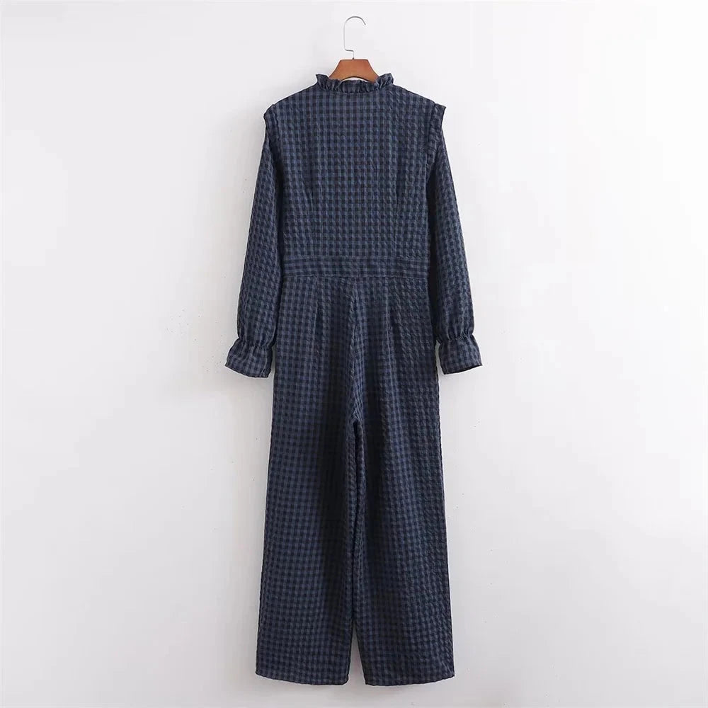 Spring New Product Women's Casual Style Slim Fit Lace Collar Decoration Long sleeved Plaid jumpsuit Viralgem Store