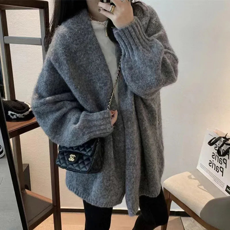 Zoki Autumn Winter Thicken Warm Women Cardigan Sweater Korean Lazy Wind Soft All Match Cardigans Tops Solid Loose Knitted Coats