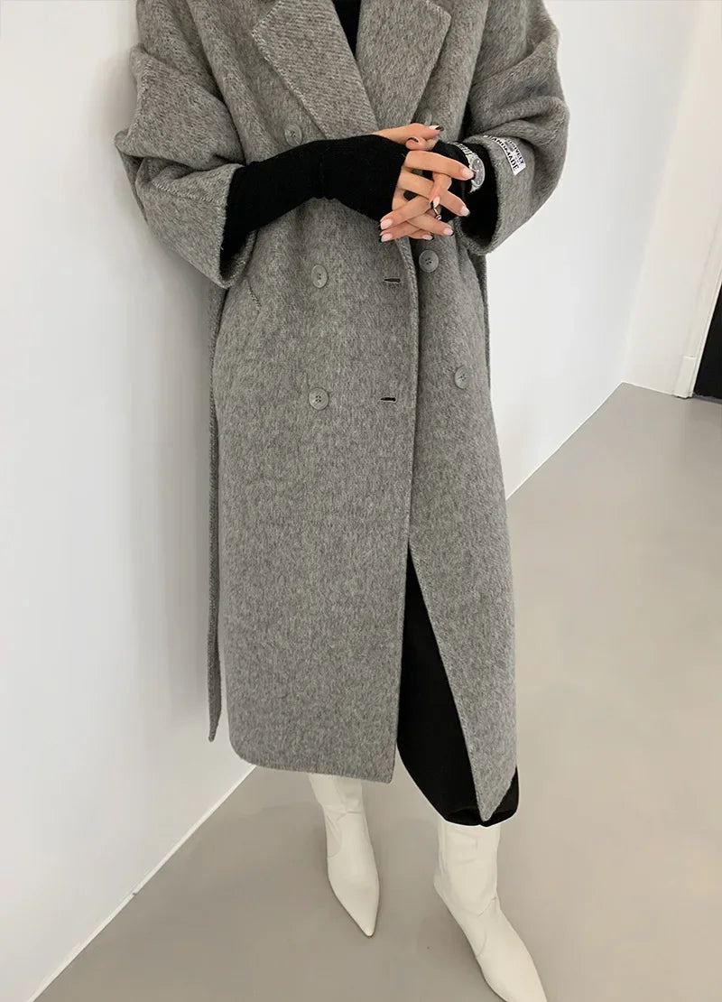 2024 Autumn Winter Wool Coat Women Double-breasted Solid Color Women's Double-sided Woolen Belt Coats Loose Warm Wool Jacket