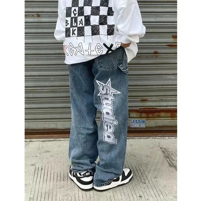 Y2K Women Fashion Streetwear Casual Letter Print Straight Wide Leg Pants Baggy Denim Trousers Men Low Rise Jeans Clothes