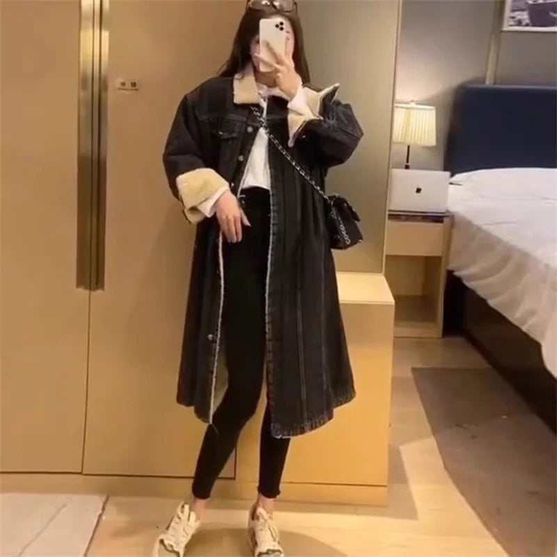 2023 Winter Lamb Wool Denim Coat Women Mid length Style Loose Temperament BF Slim and Thickened Warm Fried Street Cotton Coat