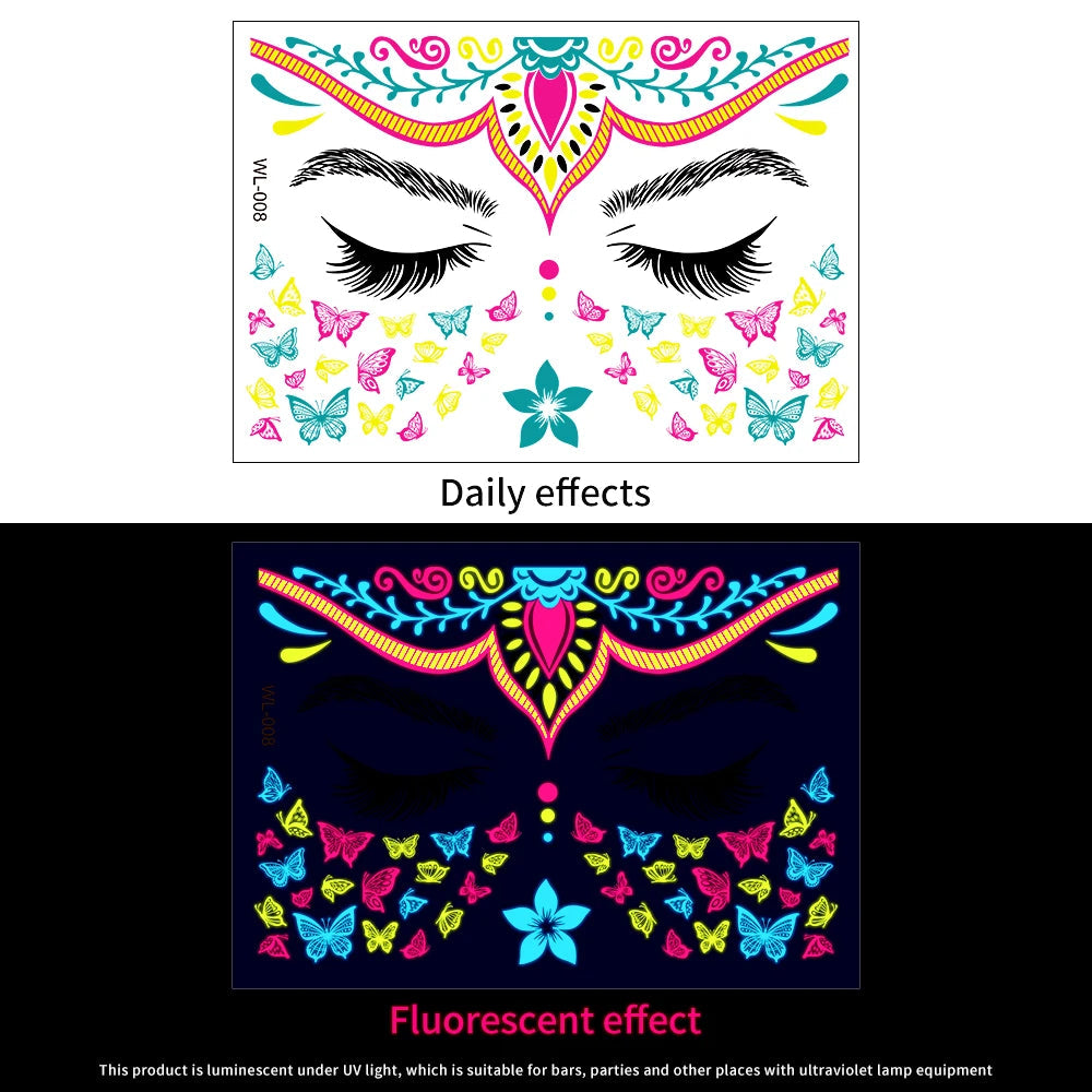1Pcs Halloween Fluorescent Face Stickers 12-Styles Feather/Flowers/ButterflyDesign Tattoo Sticker Waterproof Glowing Face Decals Viralgem Store