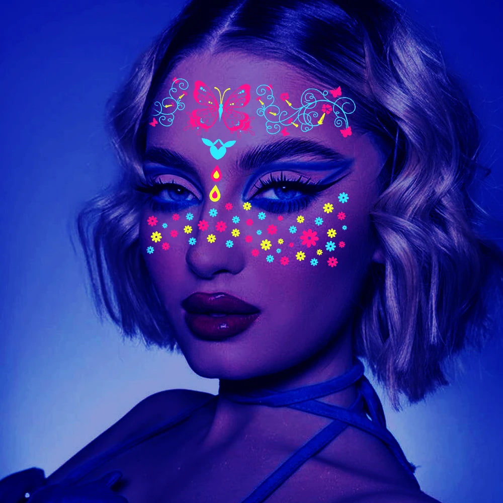 1Pcs Halloween Fluorescent Face Stickers 12-Styles Feather/Flowers/ButterflyDesign Tattoo Sticker Waterproof Glowing Face Decals Viralgem Store
