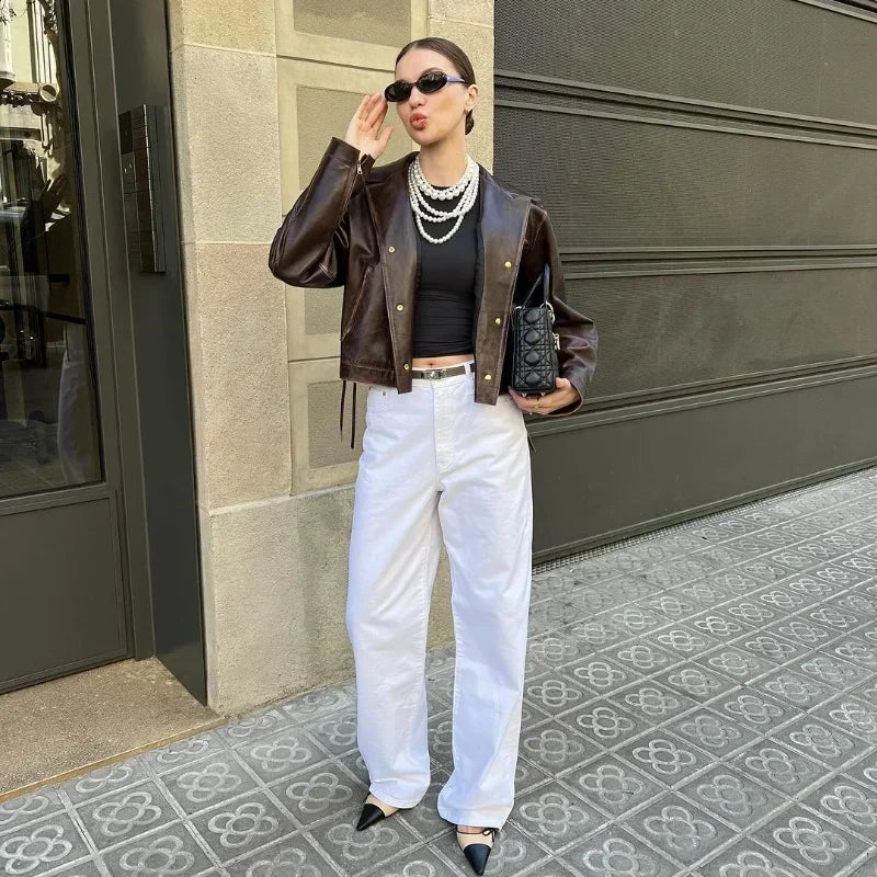 Vintage Cropped Distressed Leather Jacket For Women Chic Lapel Single Breasted Lace Up Coat Autumn Lady New Chic Streetwear 2024