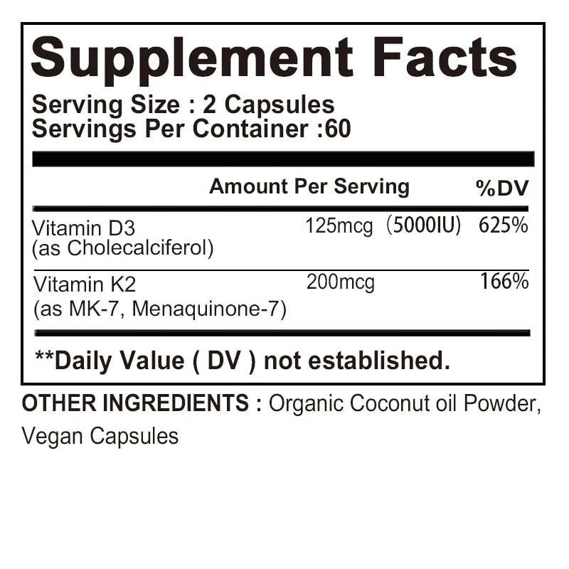 Vitamin D3 + K2 - Help Regulate Calcium Metabolism, Promote Bone, Teeth and Skin Health, Support Immunity - 120 Capsules Viralgem Store