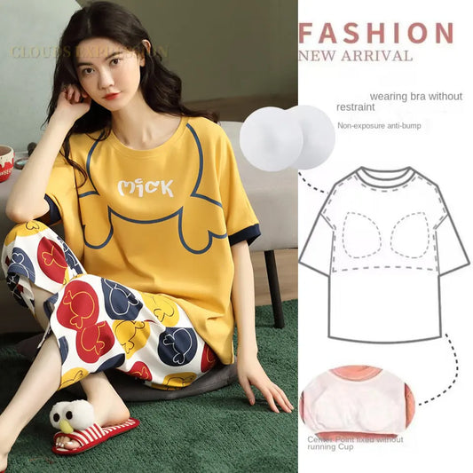 Summer Nightwear PJ Young Womens Pajama Sets Bust-Padded Pyjamas Femme Cartoon Sleepwear Female Loungewear Pijama Mujer Homewear