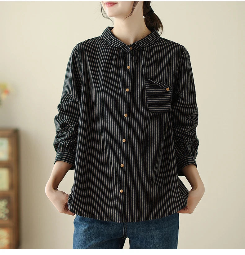 Women Long Sleeve Casual Shirt New Arrival 2024 Spring Korean Style Vintage Striped Loose Female Basics Cotton Tops Shirts B3254