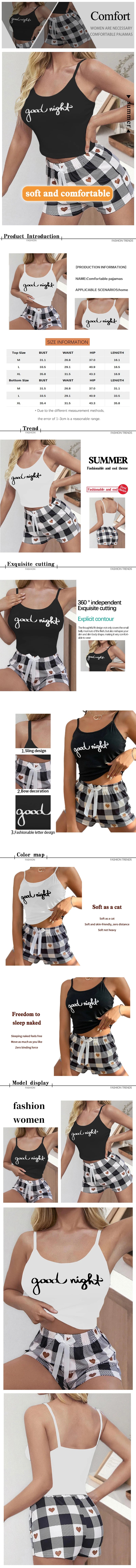 Two Piece Women's Summer Home Set with Round Neck Suspender Letter Vest Bow Plaid Shorts Pajama Set