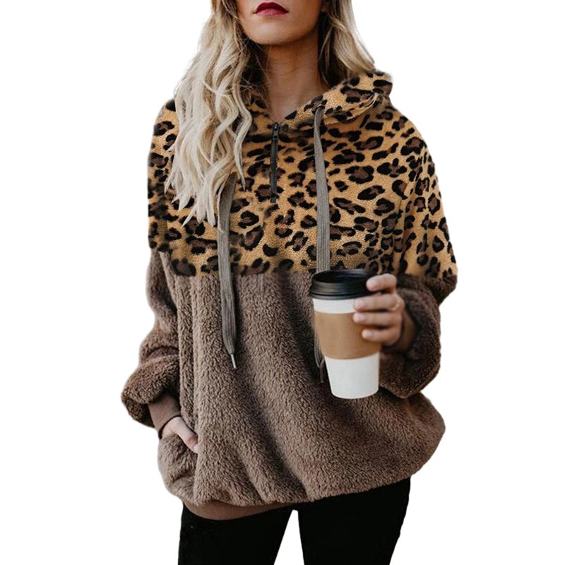 Women's Sweatshirt Autumn Winter American Style Leopard Montage Pocket Zipper Lint Thermal Hooded Sweatshirt