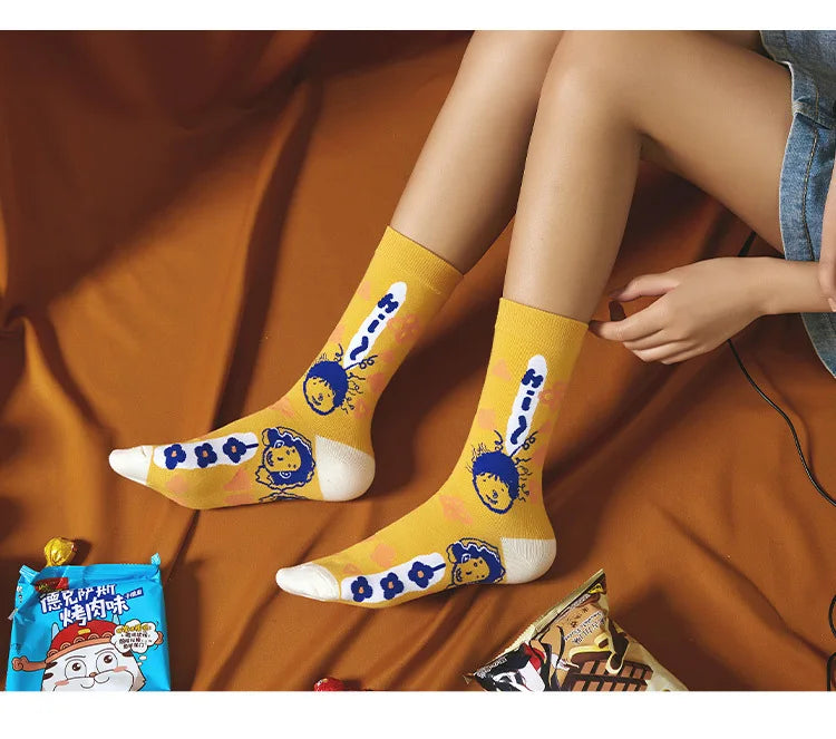 5 Pairs Personality Tide Socks Graffiti Socks Funny Korean Version Sports Couple Socks Harajuku Style Colorful Cute Flower Socks