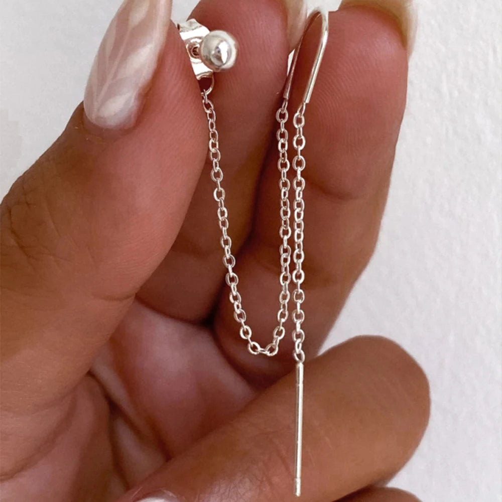 Aide 925 Sterling Silver 1pc Four Zircons Charm Chain Tassel Earrings For Women Double Studs Sparkling CZ Pave Cartilage Clips