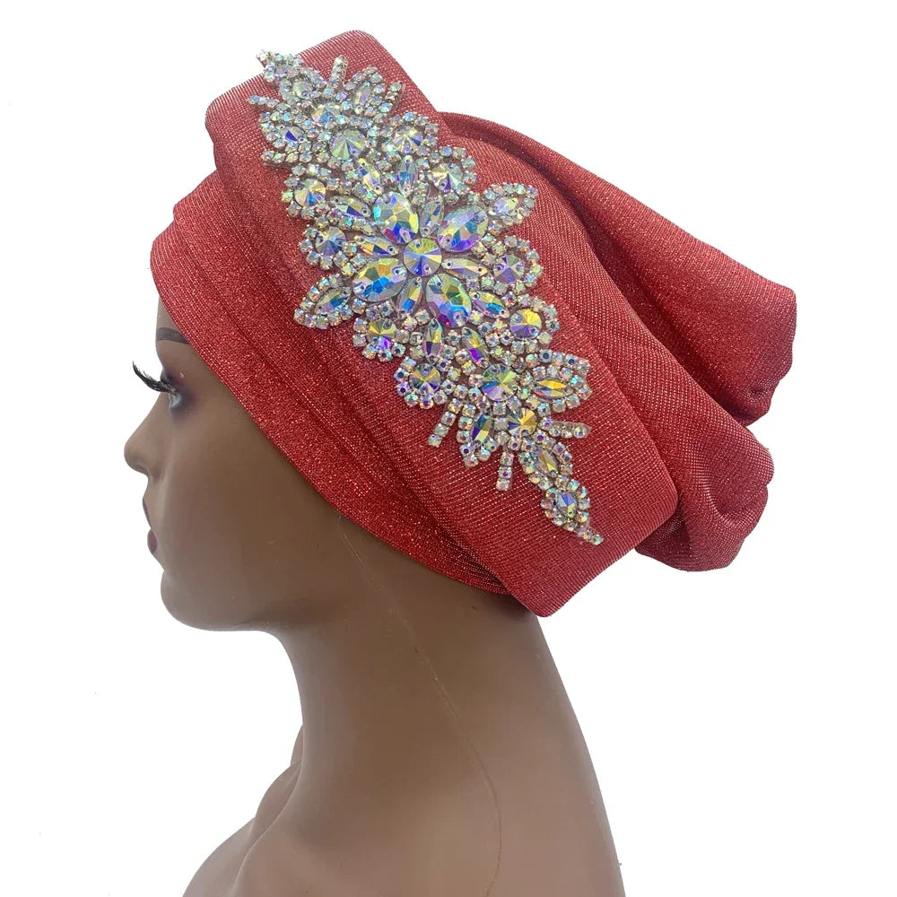 African Wrap Head Headgear Nigeria Auto Gele Headtie Turbante Mujer Luxury Rhinestone Turban Hat for Women Glitter
