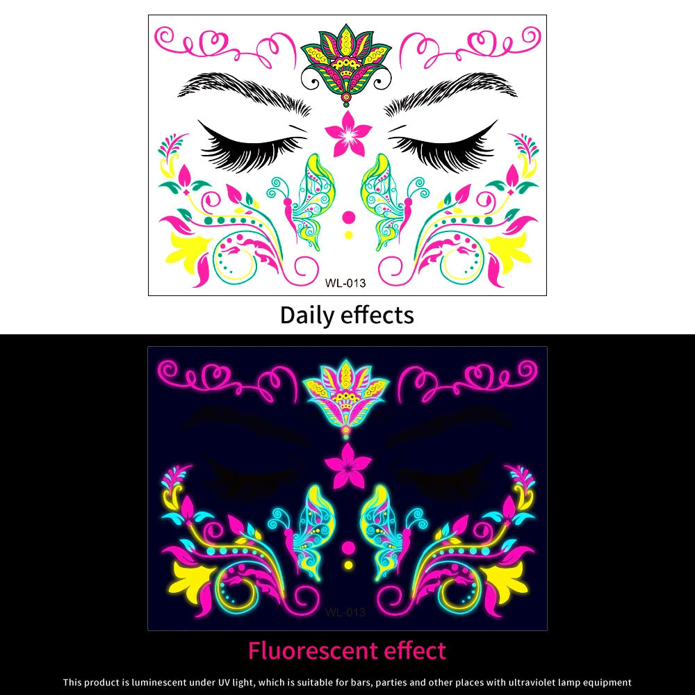 1Pcs Halloween Fluorescent Face Stickers 12-Styles Feather/Flowers/ButterflyDesign Tattoo Sticker Waterproof Glowing Face Decals Viralgem Store
