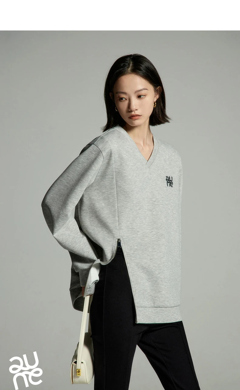 Toyouth Women Sweatshirts 2024 Autumn Long Sleeve V Neck Loose Hoodie Unique Zippered Split Hem Casual Chic Pullover Tops