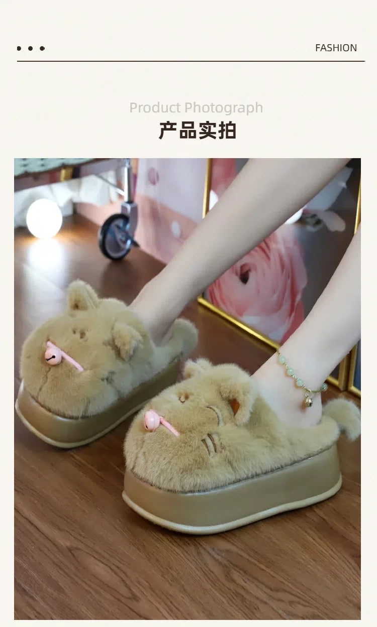8 cm High platform fur slippers women's winter fluffy ear home shoes woman white bunny rabbit slippers woman house clog shoes