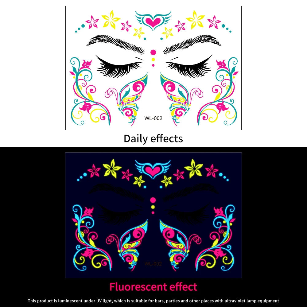 1Pcs Halloween Fluorescent Face Stickers 12-Styles Feather/Flowers/ButterflyDesign Tattoo Sticker Waterproof Glowing Face Decals Viralgem Store