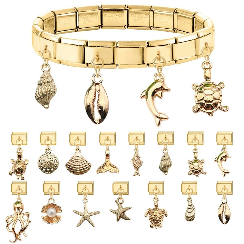 Vintage Golden Sea Shell Conch Starfish Dolphin Turtles Pendant Bead Fit 9mm Italian Charm Bracelet Stainless Steel DIY Making