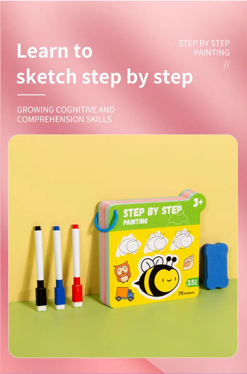 70 Patterns Step-By-Step Learning Simple Drawing Card Book, Reusable Graffiti Set, Cartoon Educational Line Drawing Introductory Enlightenment, Kindergarten Art Activity Teaching Aids, Drawing Skills and Pen Control Training