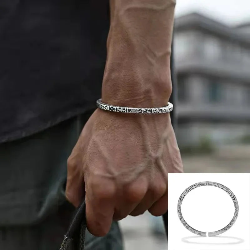 Stylish Geometric Oval Pattern Personalized Men's Open Bracelet Fashion Retro Wide Hand Jewelry Party Gift