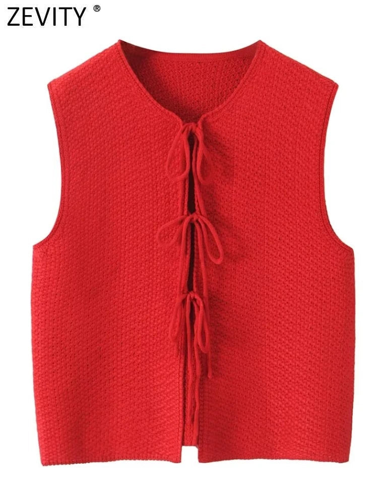 Zevity Women Euro Style V Neck Solid Sleeveless Bow Short Vest Jacket Ladies Retro Knitting Cardigan Slim WaistCoat Tops CT6203 Viralgem Store