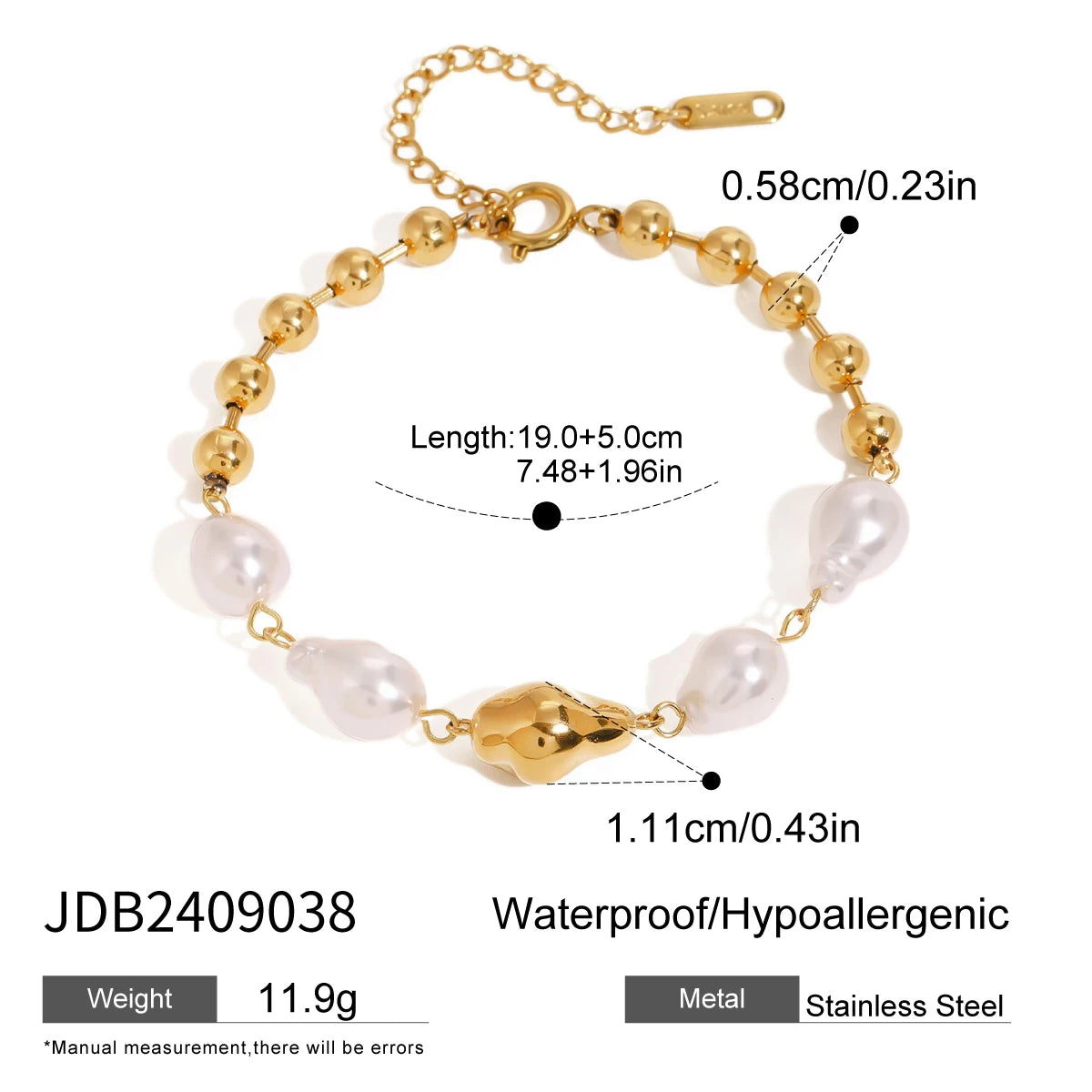 18K Gold Plated Bead Chain Irregular Shaped Glass Pearl Bracelet Chain Women Stainless Steel Rust Proof Anti Allergic Jewelry