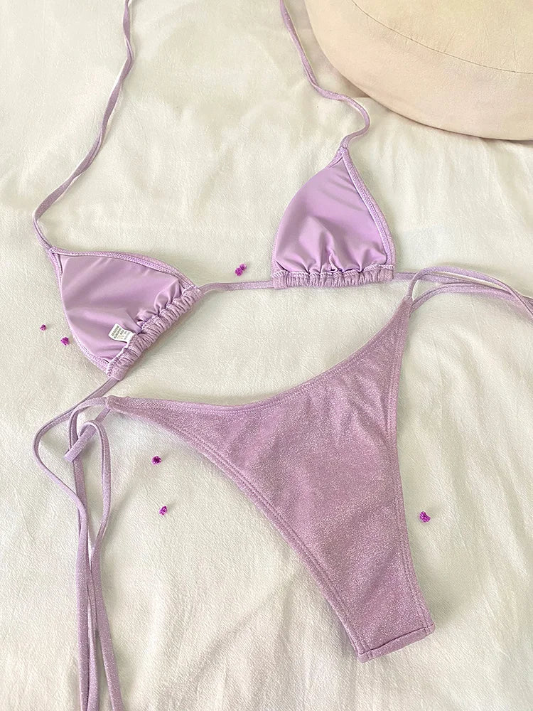 ZRTAK Shiny Swimsuit Sexy Swimwear Women Triangle Bikinis Solid  Bathing Suit Thongs Bikinis Sets String Beachwear