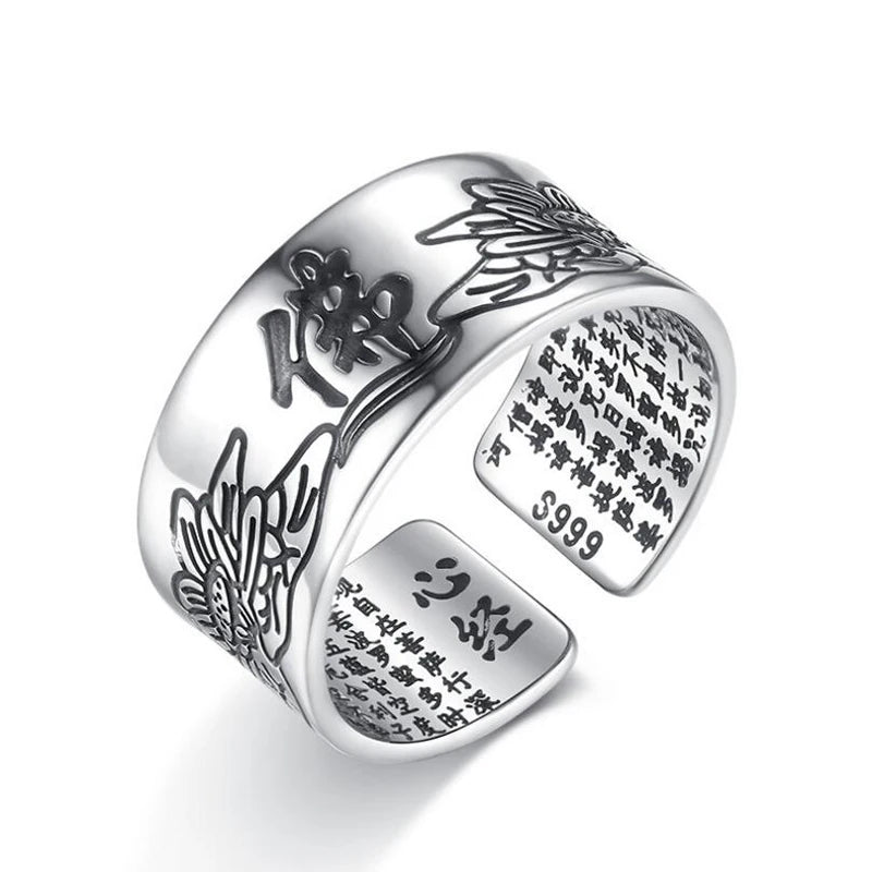 925 Sterling Silver Jewelry Vintage Amulet Buddha Lotus Baltic Buddhist Scriptures Opening Rings For Men Women S-R90