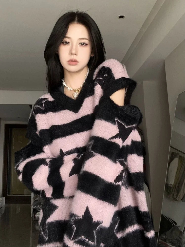 ADAgirl Harajuku Striped Sweater Oversize Y2k Style Pink Detachable Sleeves Star Print Jumpers Gothic Winter Korean Alt Clothes