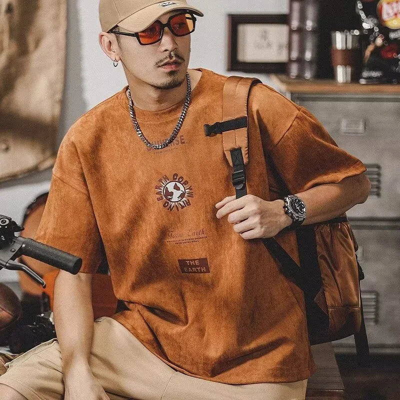 Summer Graphic Printed Suede Short Sleeve T-shirt For Men 2024 New Y2K Streetwear Oversized Tee Shirts Hip Hop O-Neck Tops