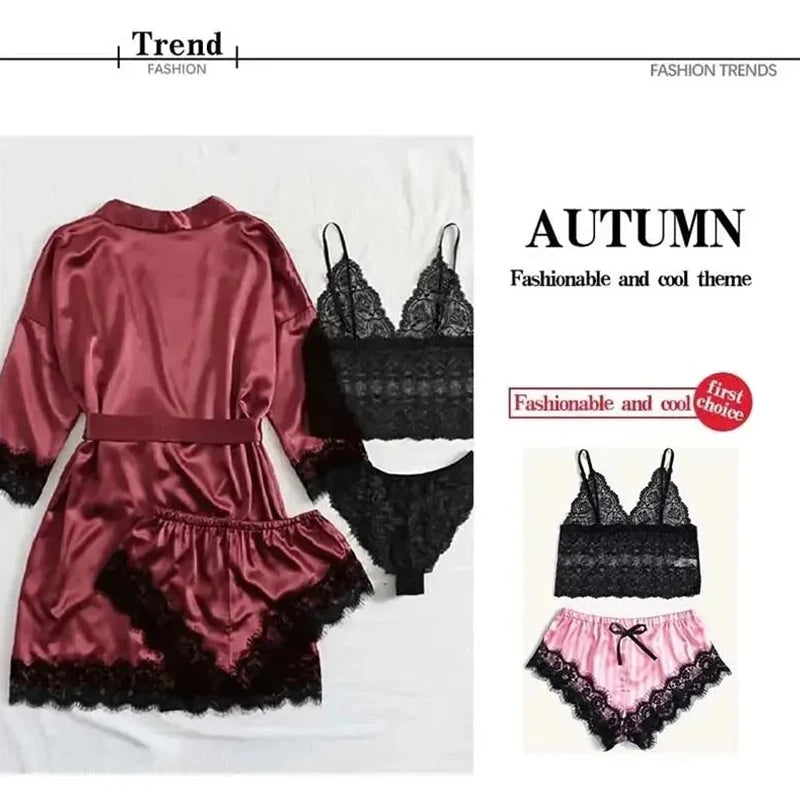 Women's Fashion Pajama Print Sexy Lace Trim Faux Silk Satin Pajama Set Gown Skin Friendly Comfort Loungewear Sexy Pajamas Viralgem Store