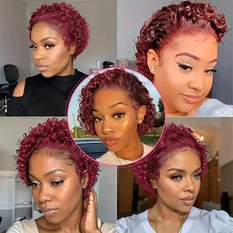 99j Red Short Curly Wigs Pixie Cut Lace Front Wigs 6 inch Human Hair 13X1 Pixie Burgundy Human Hair Wigs For Women Pixie Wig