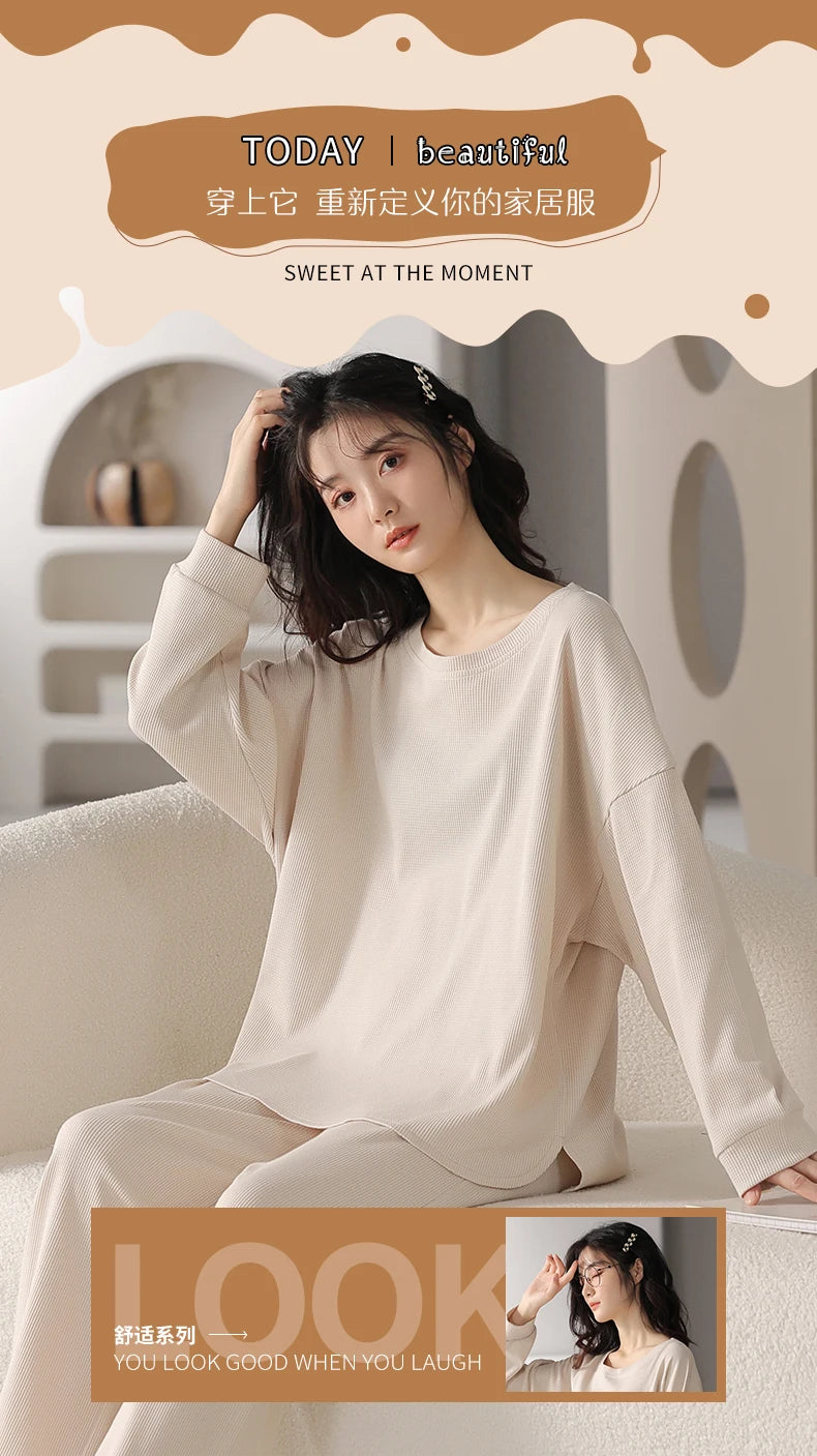 SUKAE Waffle Cotton Korean Minimalist Style Women Pajamas Spring Autumn Long Sleeves Lady Sleepwear Kawaii Round Neck Homesuits
