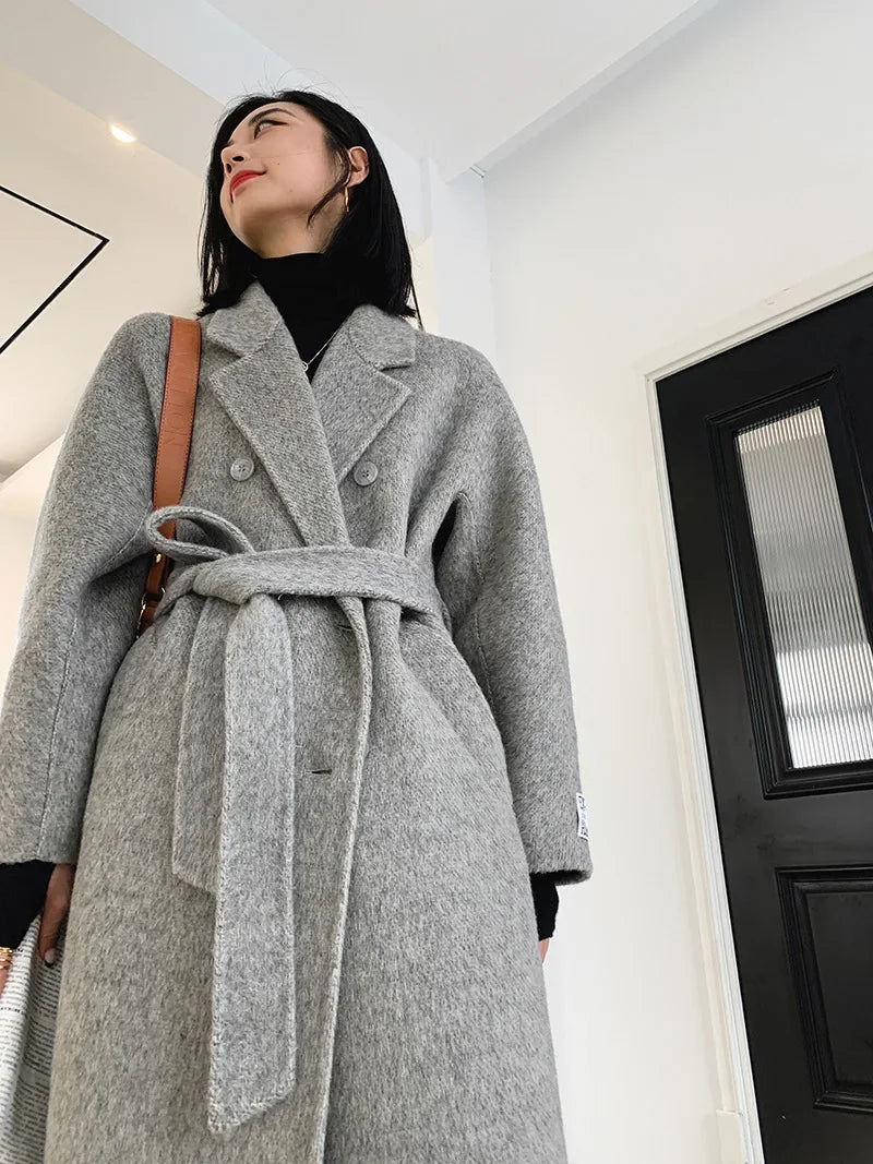 2024 Autumn Winter Wool Coat Women Double-breasted Solid Color Women's Double-sided Woolen Belt Coats Loose Warm Wool Jacket