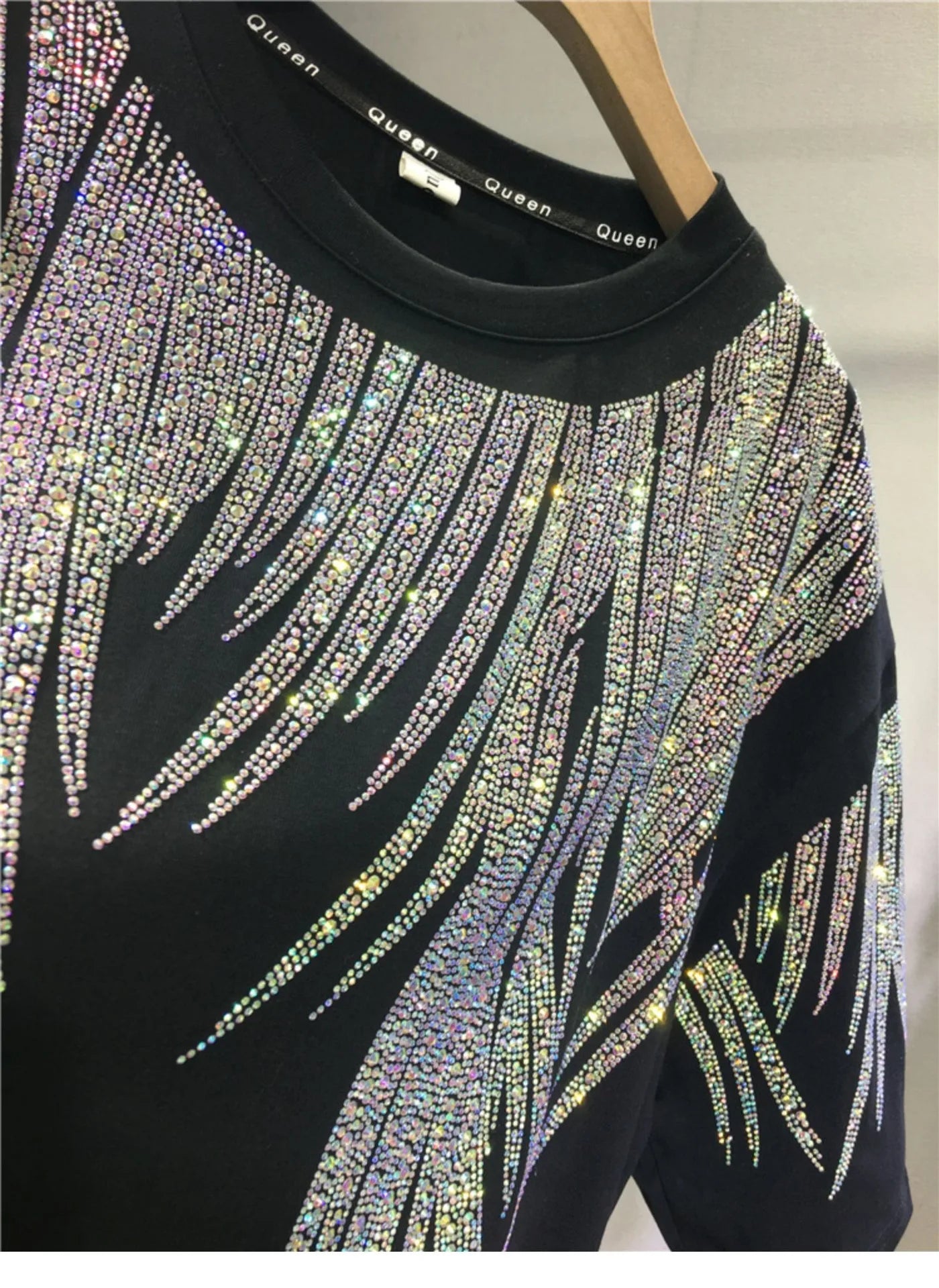 Women Tops Sequin Print Tees Round Neck Half Sleeve Loose Casual Regular Splice T Shirts Simple Hot Drilling Mid Length Top