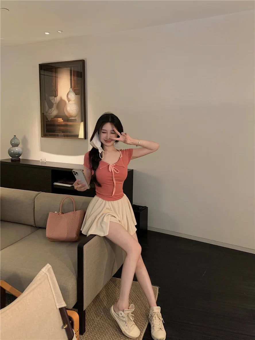 Sweet Spicy Girl Style Tie Straps V-neck Women's Knitted T-shirt Show Slim Figure Short Sleeved Tops Youth Elegant