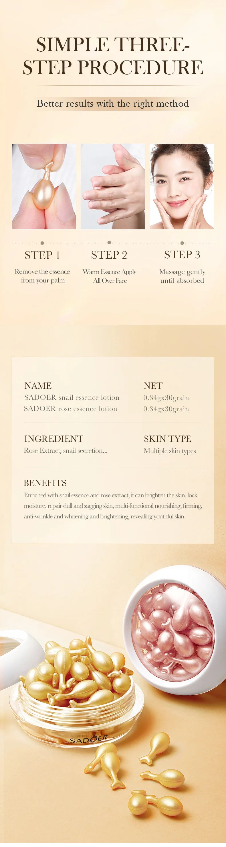30pcs SADOER Rose Sanil Face Serum Capsule Facial Moisturizing Brightening Firming Facial Essence Beauty Face Skin Care Products