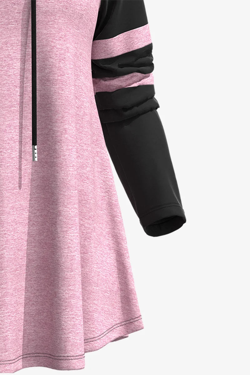 Women Long Sleeve T shirt Plus Size Casual Pink Colorblock Cross Lace-Up V Neck T shirt Loose Casual Splice Medium Stretch Tops