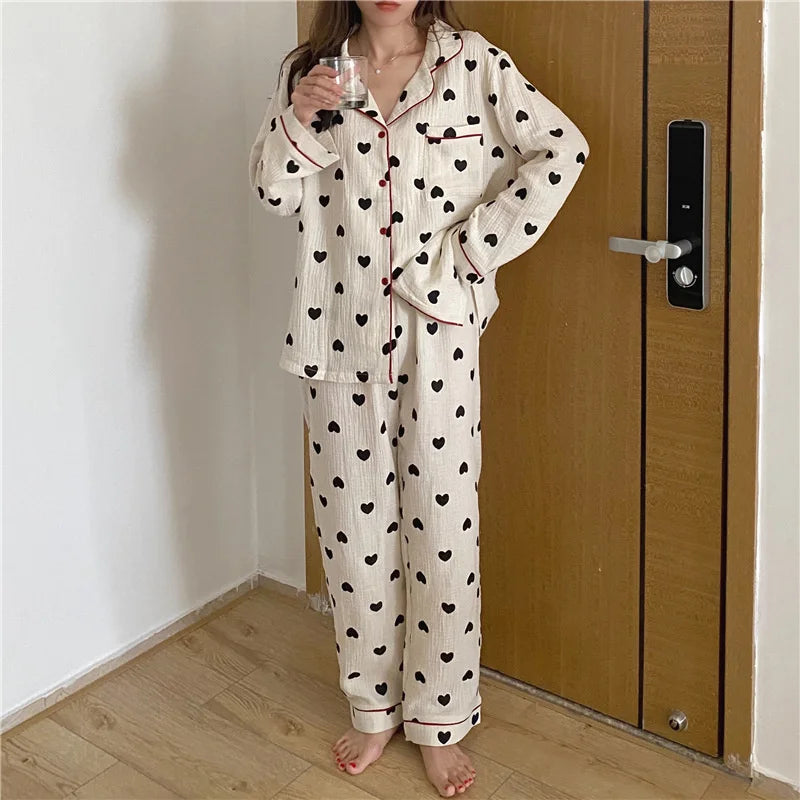 2 Pieces Womens Pajamas Long Sleeve Sleepwear Korean Heart Print Pijama Set Casual Nightwear Lady Home Suit Spring Pyjama Nighty